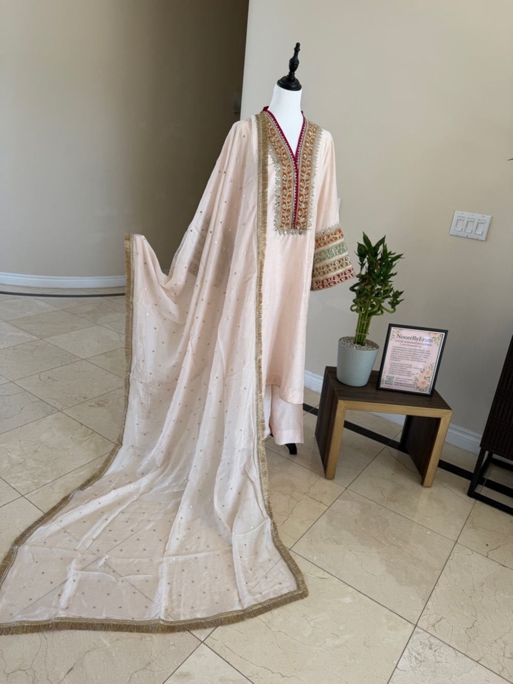 Embroidered Cream & Gold Traditional Suit with Sheer Dupatta